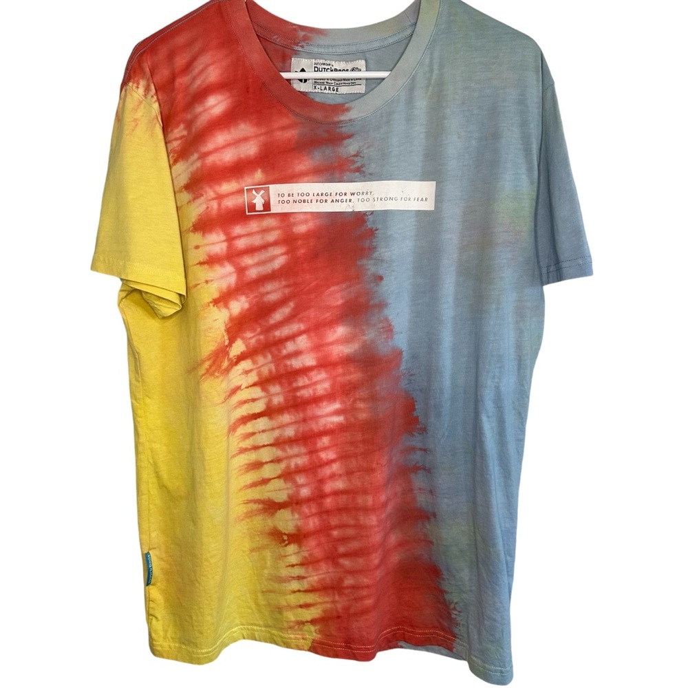 Dutch Bros MEDIUM+LARGE+XL Tie Dye Blue+Yellow+Red “To Be Too Large For Worry…”